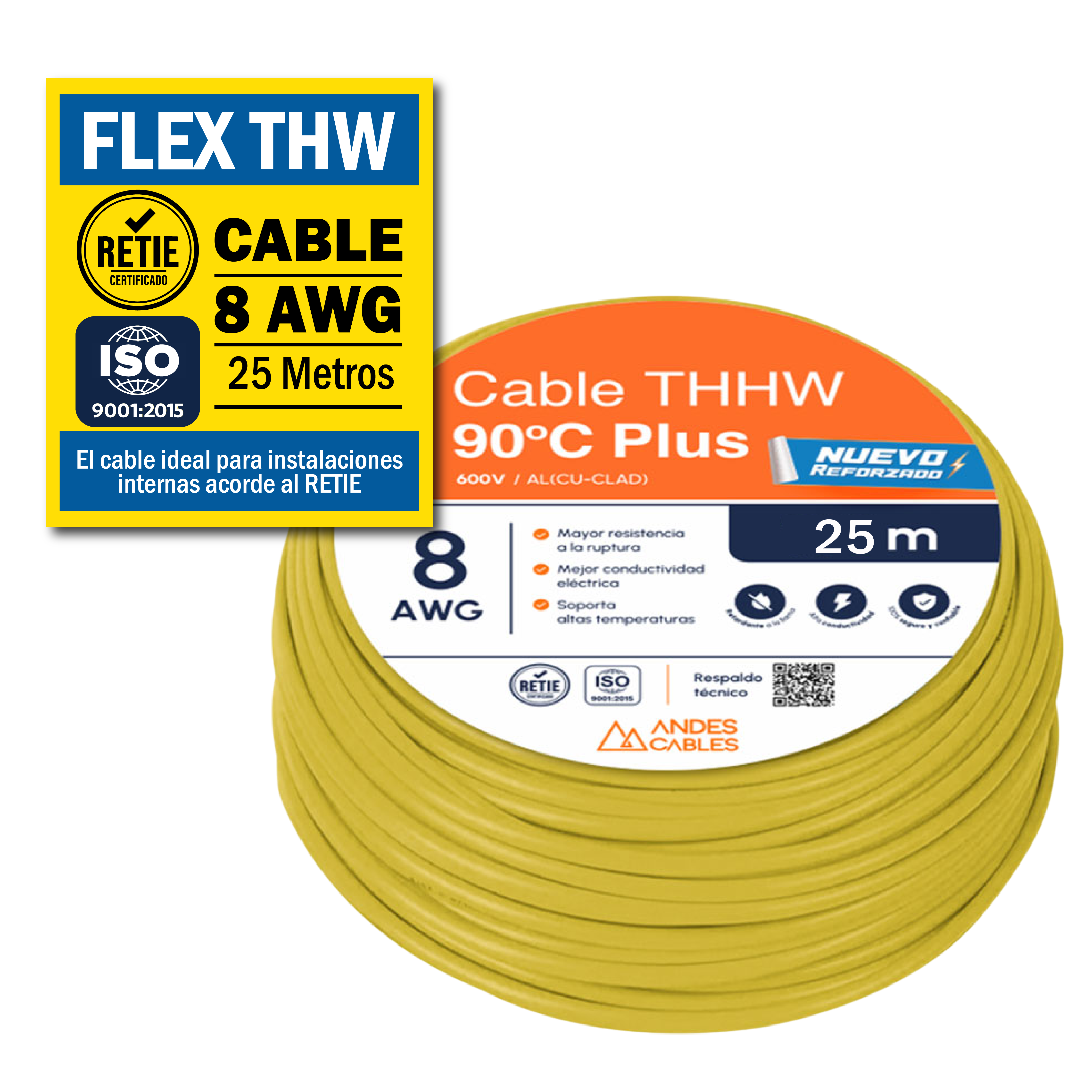 CABLE FLEX THW 8 AWG AMARILLO x25Mts (110722) ANDES