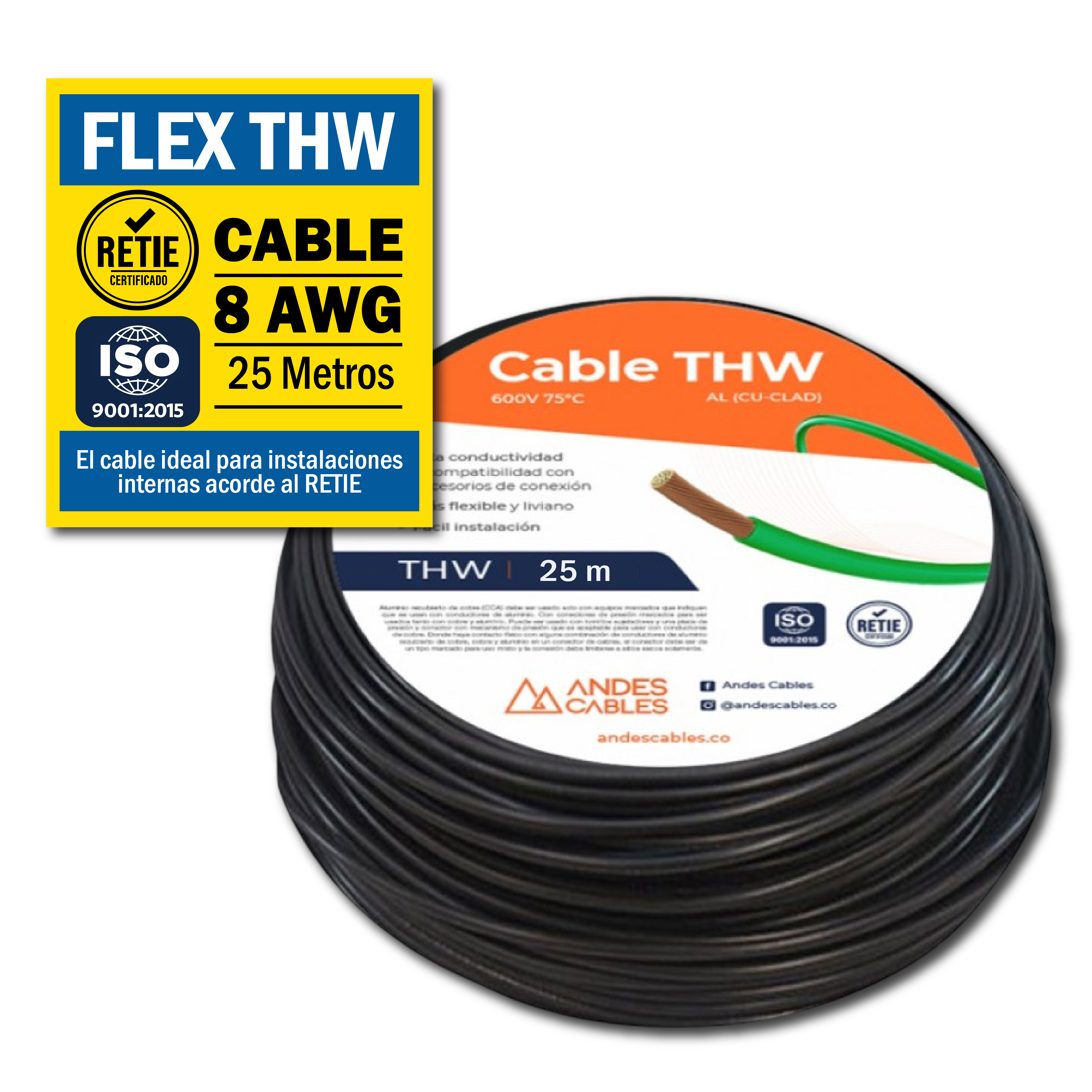 CABLE FLEX THW 8 AWG NEGRO x25Mts (110156) ANDES