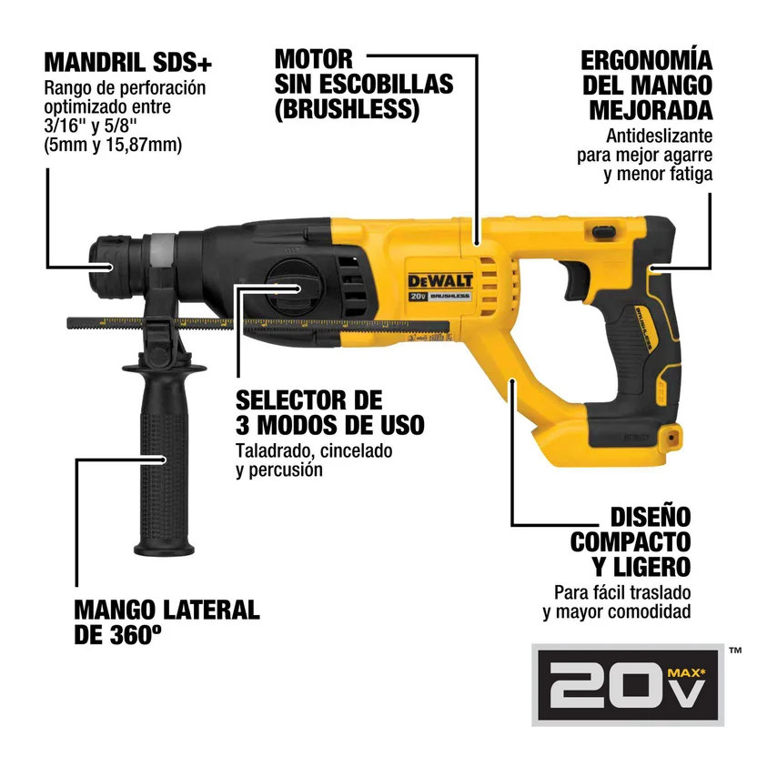COMBO ROTOMARTILLO SDS PLUS DE 1" 26MM INALÁMBRICO (DCH133B) DEWALT - Vista 2