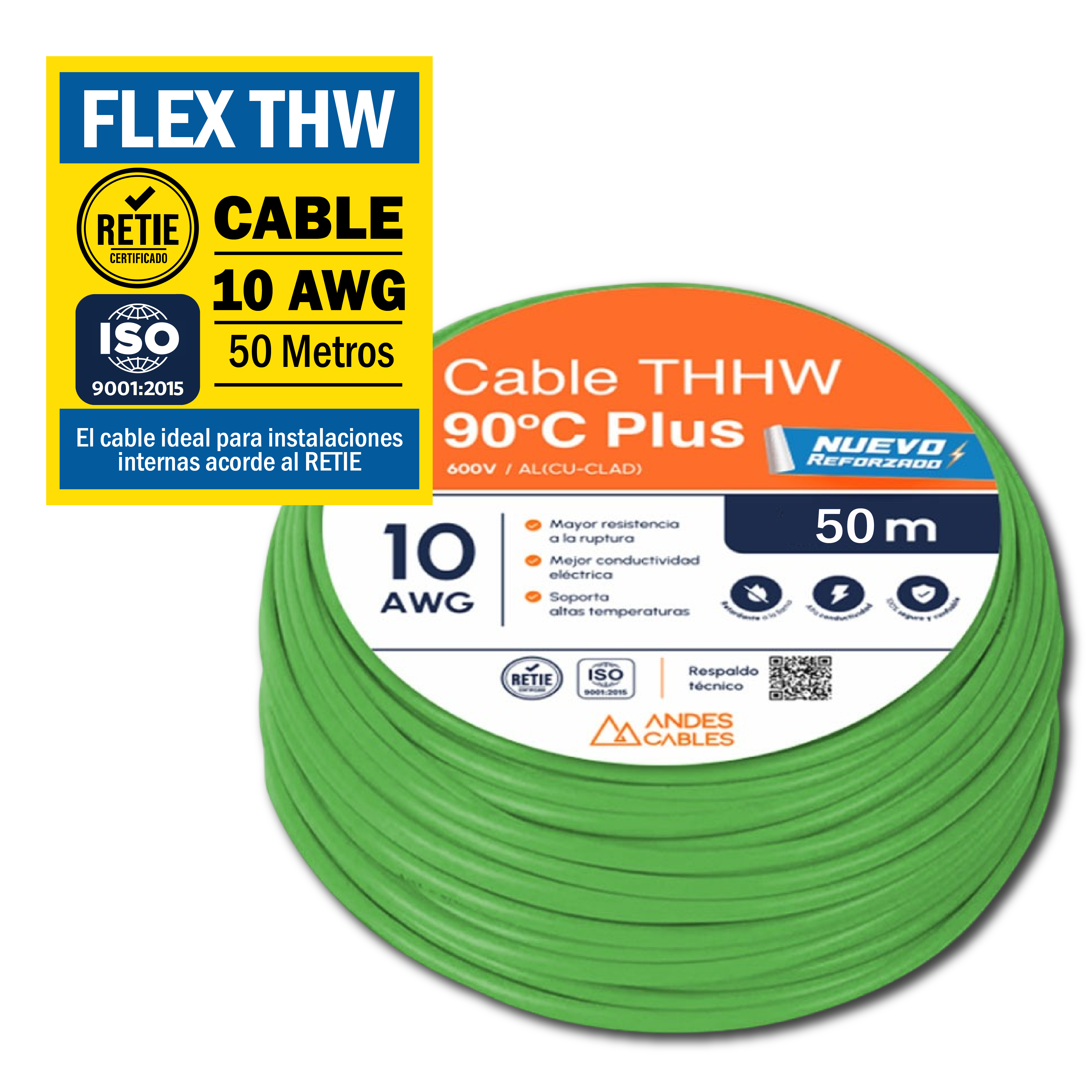 CABLE FLEX THW 10 AWG VERDE x50Mts (70382) ANDES
