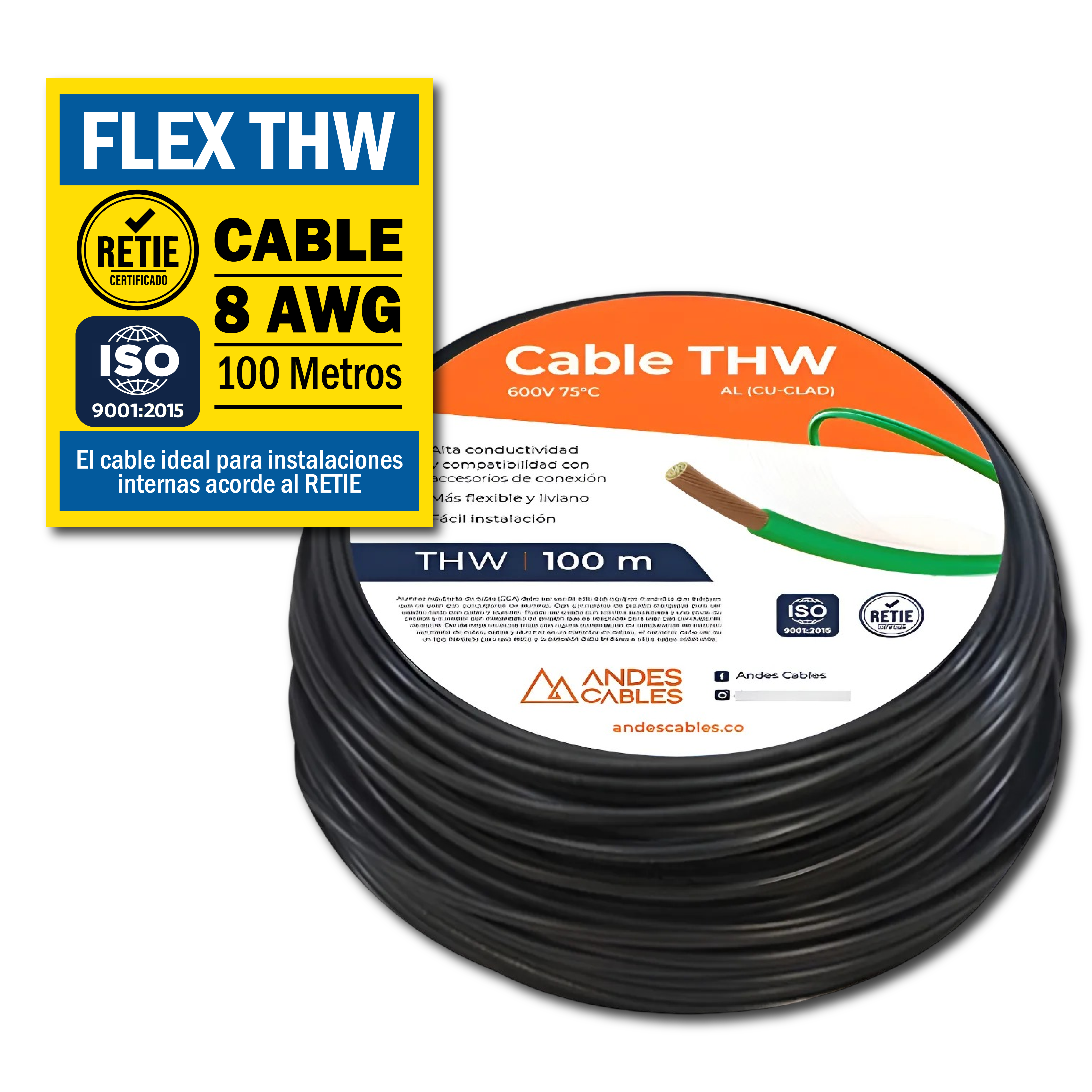CABLE FLEX THW 8 AWG NEGRO x100Mts (110154) ANDES